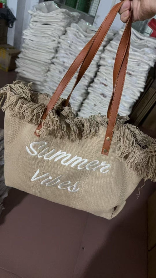 Large capacity canvas tote bag with embroidered letters, handbag for