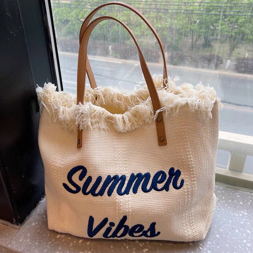 Large capacity canvas tote bag with embroidered letters, handbag for