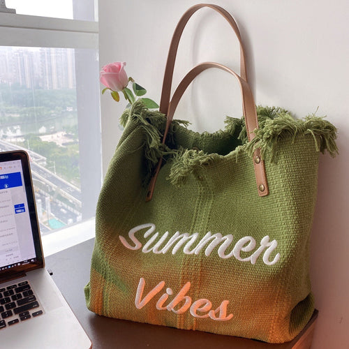 Large capacity canvas tote bag with embroidered letters, handbag for