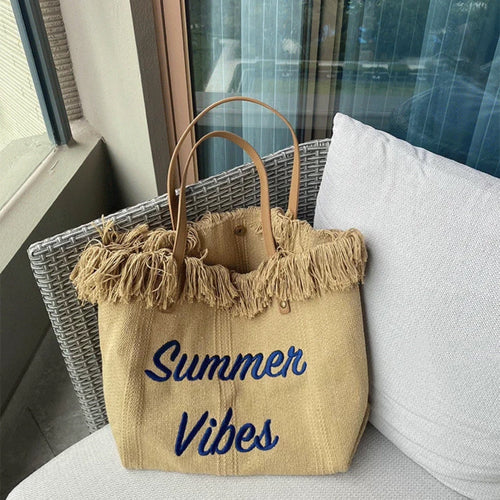 Large capacity canvas tote bag with embroidered letters, handbag for